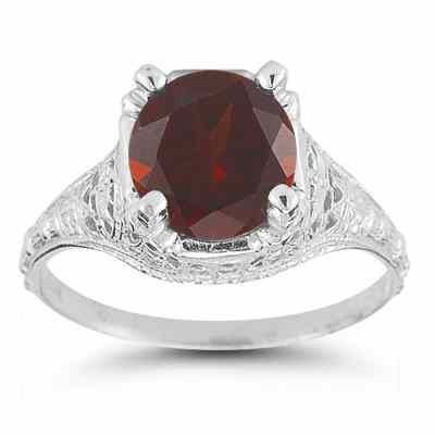 Antique-Style Floral Garnet Ring in Sterling Silver -  - HGO-R136GTSS