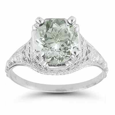Antique-Style Floral Green Amethyst Ring in Sterling Silver -  - HGO-R136GASS