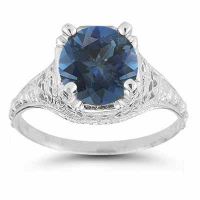 Antique-Style Floral London Blue Topaz Ring in 14K White Gold