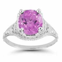 Antique-Style Floral Pink Topaz Ring in 14K White Gold