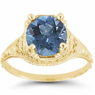 Antique-Style from the 1800s Floral Blue Topaz Ring in 14K Yellow Gold -  - HGO-R136BTY