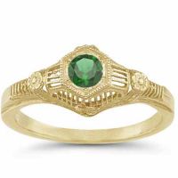 Antique-Style Green Flower Band Emerald Ring in 14K Yellow Gold