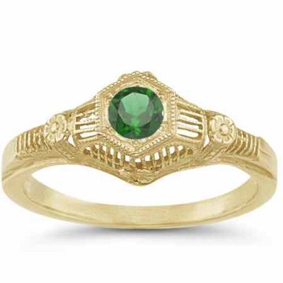 Antique-Style Green Flower Band Emerald Ring in 14K Yellow Gold -  - HGO-R125EMY