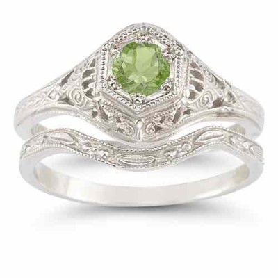 Antique-Style Peridot Wedding Ring Set -  - HGO-R128PDWB21