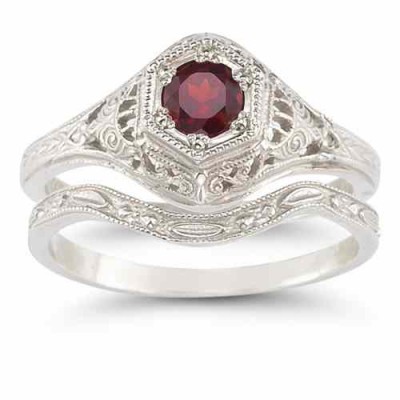 Antique-Style Ruby Wedding Ring Set -  - HGO-R128RBWB21