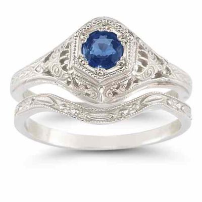 Antique-Style Sapphire Wedding Ring Set -  - HGO-R128SPWB21