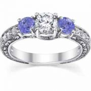 Antique-Style Tanzanite and Diamond Engagement Ring, 14K White Gold