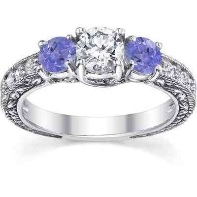 Antique-Style Tanzanite and Diamond Engagement Ring, 14K White Gold -  - QDR-6-TZD