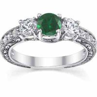 Antique-Style Three-Stone Diamond/Emerald Engagement Ring, White Gold