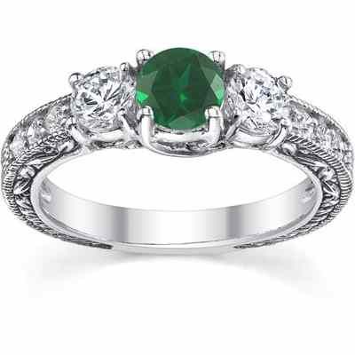 Antique-Style Three-Stone Diamond/Emerald Engagement Ring, White Gold -  - QDR-6-DEM