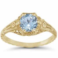 Antique-Style Victorian-Era Floral Aquamarine Ring in 14K Yellow Gold