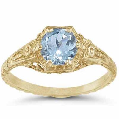 Antique-Style Victorian-Era Floral Aquamarine Ring in 14K Yellow Gold -  - HGO-R71AQY