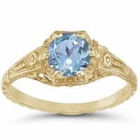 Antique-Style Victorian-Period Floral Blue Topaz Ring 14K Yellow Gold