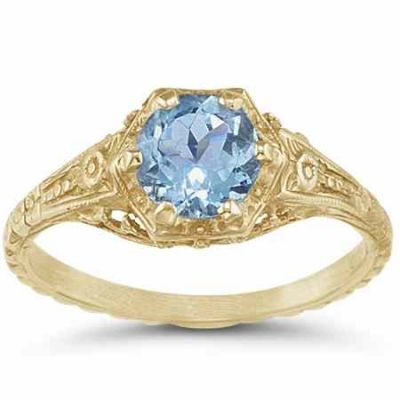 Antique-Style Victorian-Period Floral Blue Topaz Ring 14K Yellow Gold -  - HGO-R71BTY
