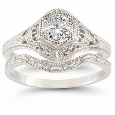 Antique-Style Cubic Zirconia Wedding Ring Set in 14K White Gold -  - HGO-R128WB21-CZ