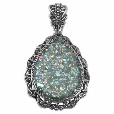 Antiqued Ancient Roman Glass Pendant in Silver -  - NP7929-RG-OXI