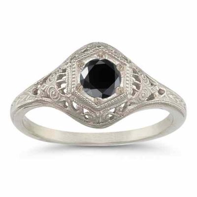 Vintage-Style Black Diamond Ring in .925 Sterling Silver -  - HGO-R128BDSS