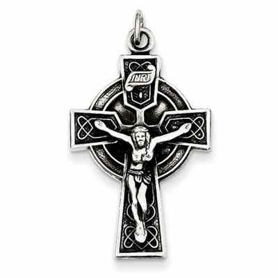 Antiqued Celtic Heart Knot Crucifix Necklace in Sterling Silver -  - QGCR-QC7347