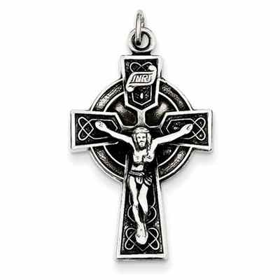 Antiqued Celtic Heart Knot Crucifix Necklace in Sterling Silver -  - QGCR-QC7347