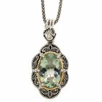 Antiqued Green Amethyst/Diamond Sterling Necklace with 18K Gold Accent