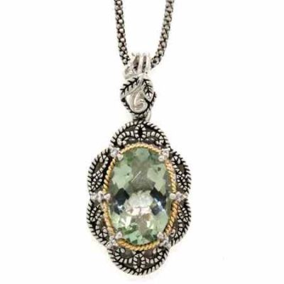Antiqued Green Amethyst/Diamond Sterling Necklace with 18K Gold Accent -  - 141P111622GAWT