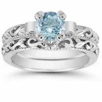 Aquamarine 1 Carat Art Deco Bridal Ring Set in Sterling Silver