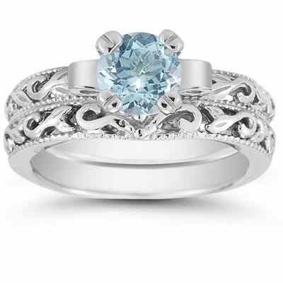Aquamarine 1 Carat Art Deco Bridal Ring Set in Sterling Silver -  - EGR3900AQSSSET