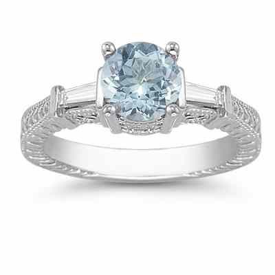 Aquamarine and Baguette Diamond Engagement Ring, 14K White Gold -  - AOGRG-7-AQ