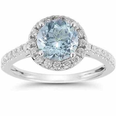 Aquamarine and Diamond Halo Gemstone Ring in 14K White Gold -  - RXP-DR-21591AQ