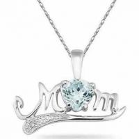 Aquamarine and Diamond MOM Necklace, 10K White Gold