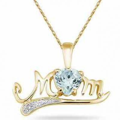 Aquamarine and Diamond MOM Necklace, 10K Yellow Gold -  - SPP3361AQ