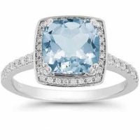 Aquamarine and Pave Diamond Halo Ring in 14K White Gold