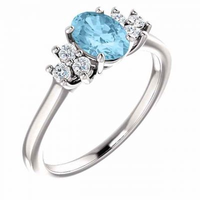 Aquamarine and Trinity Diamond Ring, 14K White Gold -  - STLRG-71604AQ