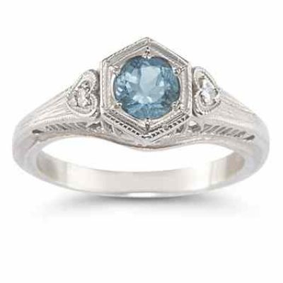 Aquamarine and White Topaz Heart Ring, .925 Sterling Silver -  - HGO-R95AQSS