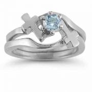 Aquamarine Cross Wedding Ring Bridal Set, 14K White Gold
