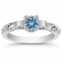 Art Deco Blue Topaz Engagement Ring, 14K White Gold