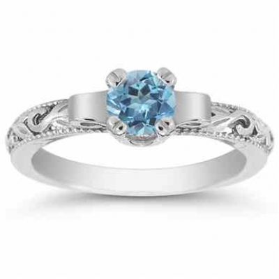 Art Deco Blue Topaz Engagement Ring, 14K White Gold -  - EGR1434BTW