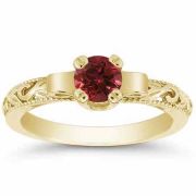 Art Deco Red Ruby Engagement Ring, 14K Yellow Gold