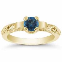 Art Deco Deep London Blue Topaz Engagement Ring, 14K Yellow Gold