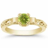 Art Deco Design Green Peridot Ring, 14K Yellow Gold