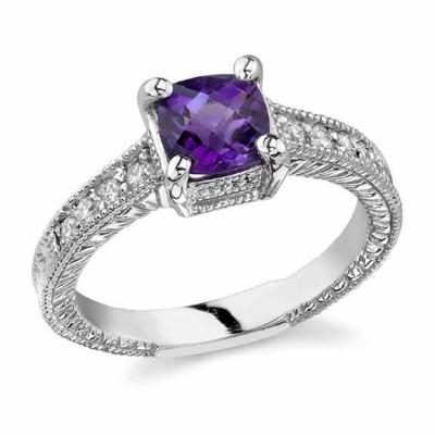 Art Deco Diamond and Amethyst Ring, 14K White Gold -  - AMRG-1