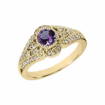 Art Deco Inspired Amethyst and Diamond Ring, 14K Yellow Gold -  - US-CSR431YAM
