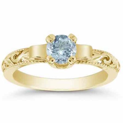 Art Deco Period Aquamarine Engagament Ring, 14K Yellow Gold -  - EGR1434AQY