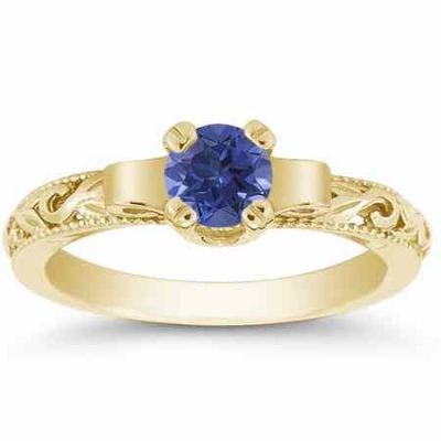Art Deco Period Blue Sapphire Engagement Ring, 14K Yellow Gold -  - EGR1434SPY