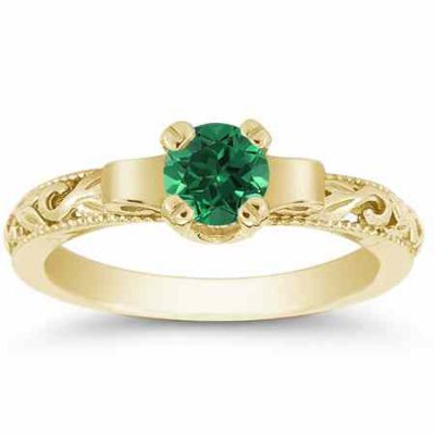 Art Deco Period Emerald Engagement Ring, 14K Yellow Gold -  - EGR1434EMY