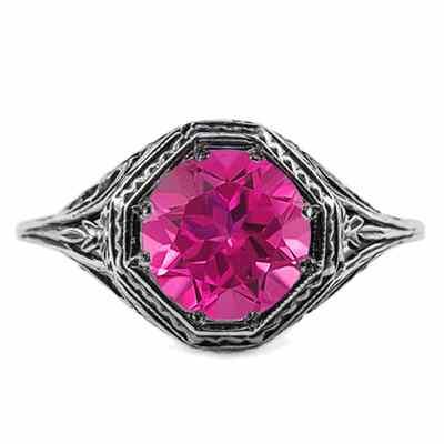 Art Deco Style Pink Topaz Ring in 14K White Gold -  - HGO-R077PTW