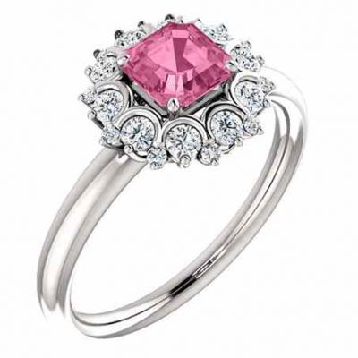 Asscher-Cut Pink Sapphire and Diamond Cluster Ring -  - STLRG-71590PSD