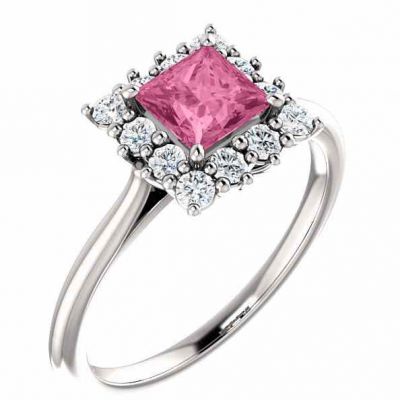 Baby Pink Sapphire Princess-Cut Diamond Halo Ring, 14K White Gold -  - STLRG-71606PSP