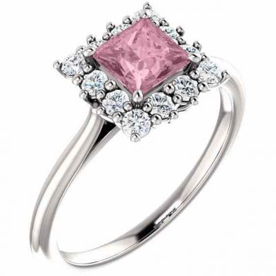 Princess-Cut Baby Pink Topaz Diamond Halo Ring -  - STLRG-71606BPT