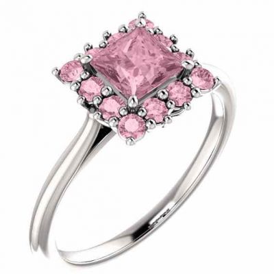 Baby Pink Topaz Square Princess-Cut Halo Ring, 14K White Gold -  - STLRG-71606BPTBPT